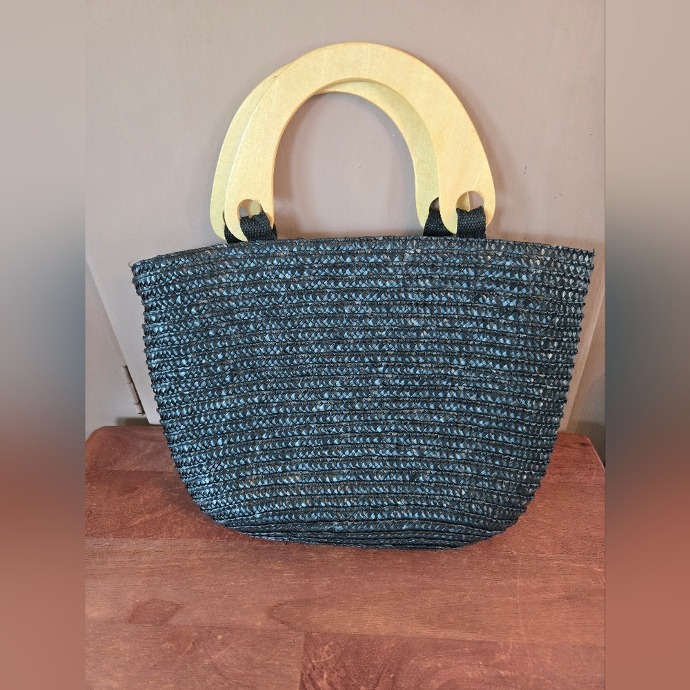 Faded Glory Black Woven Tote with Cream Wooden Handles